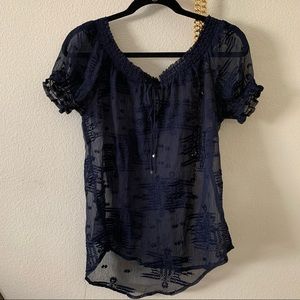 Navy Boho Bohemian See-Through Off the Shoulder Top
